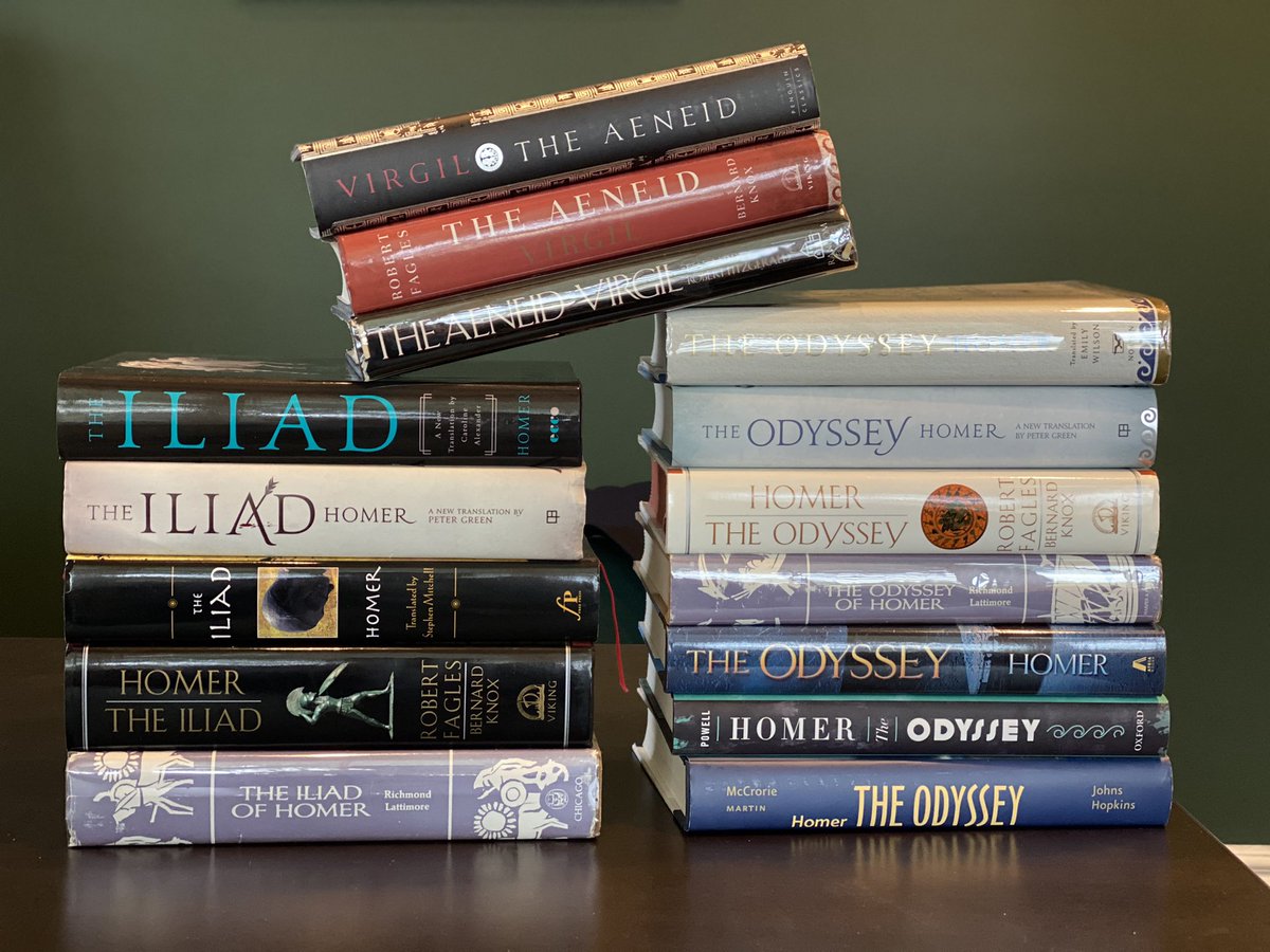darwin8u's tweet photo. I’m getting rid of some of my duplicates, but not my Homer or Virgil. Bring on more translations. It might end up being better financially if I just learned Greek and Latin. #Fagles #Knox #Mitchell #Fitzgerald #Wilson #homer #Virgil #theclassics https://t.co/i6wMN4b1wj