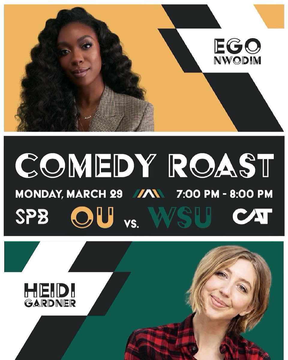 OUSPB's tweet photo. SNL stars Ego Nwodim and Heidi Gardner will be coming to you virtually on Zoom on Monday, March 29! You must register on our Grizzorgs event page in order to receive the link! It’s a night you won’t want to miss!!🐻
#ouspb #snl #comedyroast https://t.co/dMHuA4HbZH