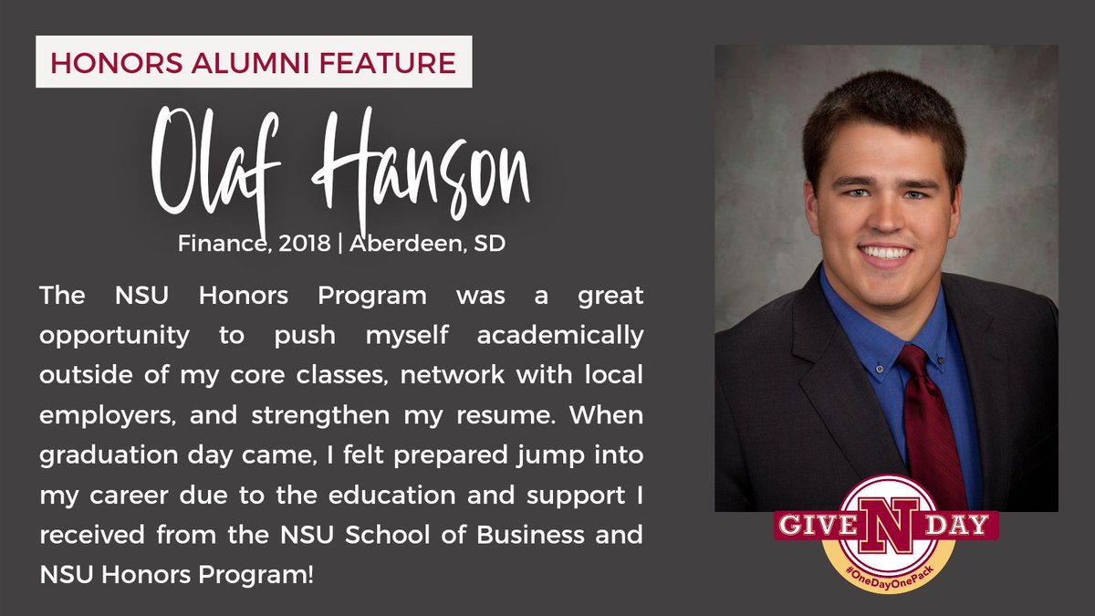 nstatehonors's tweet photo. Another GiveNDay alumni spotlight, this time it's Olaf Hanson (who also graduated debt-free - go Olaf!). You still have until 9am tomorrow to donate. 

Visit the link! Let's get the most donors to be GiveNDay champions! 🐺

https://t.co/2aydZr5pGE

#OneDayOnePack https://t.co/k6vi93QI9T