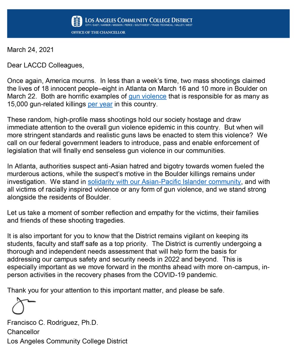 laccd's tweet photo. #LACCD Chancellor Rodriguez statement on gun violence &amp; mass shootings in #Atlanta &amp; #Boulder  
 https://t.co/RUSCSK3HJx

@LASCCampus @lamcofficial @westlacollege @lahcedu @LACityCollege @LATTC @LAValleyCollege @EastLACollege @PierceCollegeCA @CalCommColleges @CAgovernor https://t.co/bKDwaxVArU