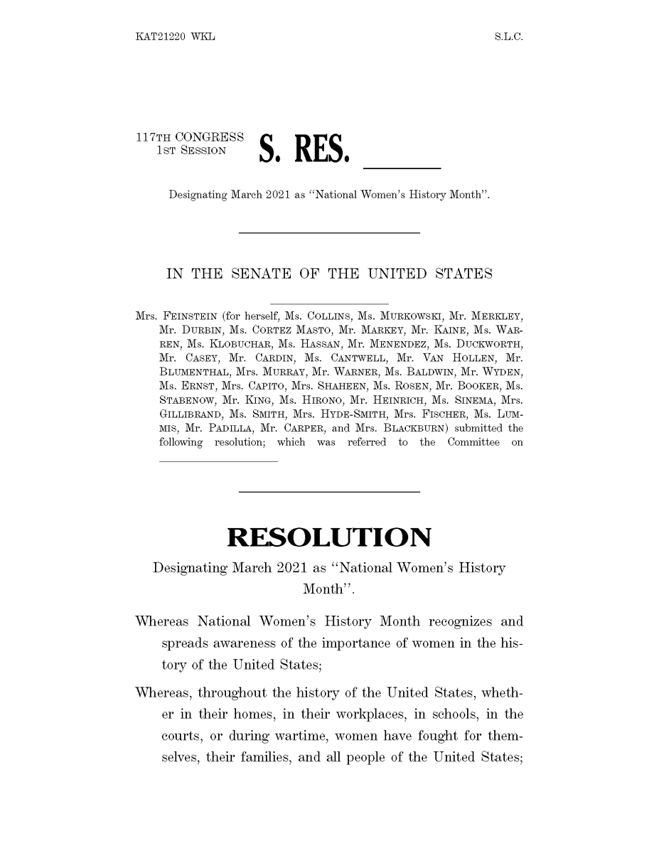 SenFeinstein's tweet photo. The Senate last night passed our resolution celebrating #WomensHistoryMonth. This month is a time to remember all the trailblazing women who paved the way for us. But #EqualPayDay is a reminder that we still have much work to do to achieve full gender equality. https://t.co/VprtfLikjY