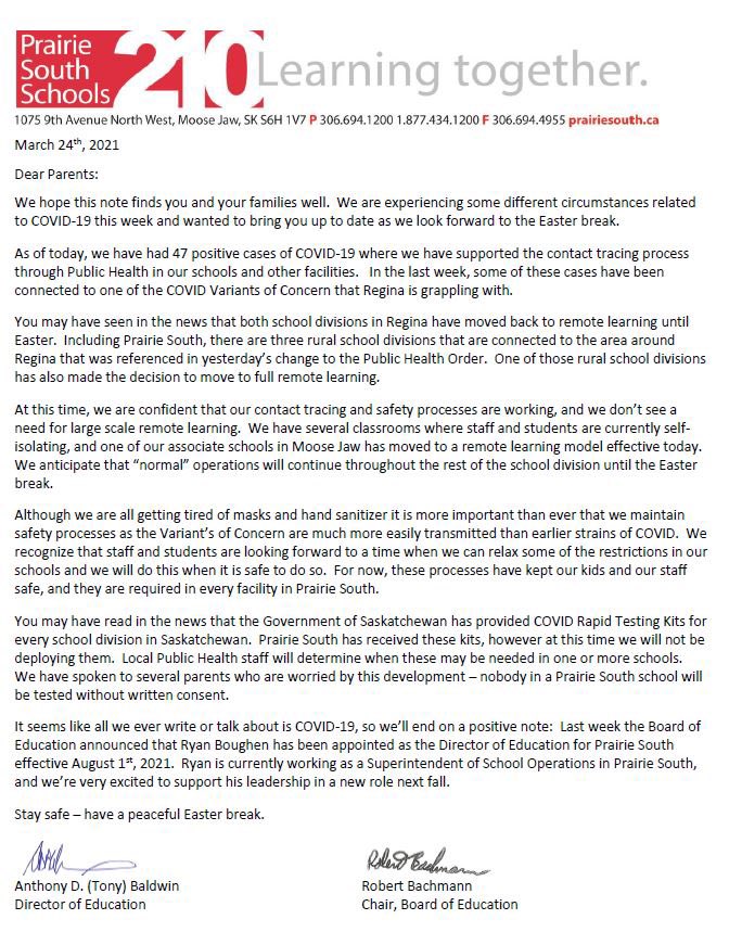 A COVID-19 update from Board Chair <a href="/SkPortlife/">Robert Bachmann</a> and Director of Education <a href="/TonyBaldwin36/">Tony Baldwin</a>.  Thanks for #learningtogether with us!