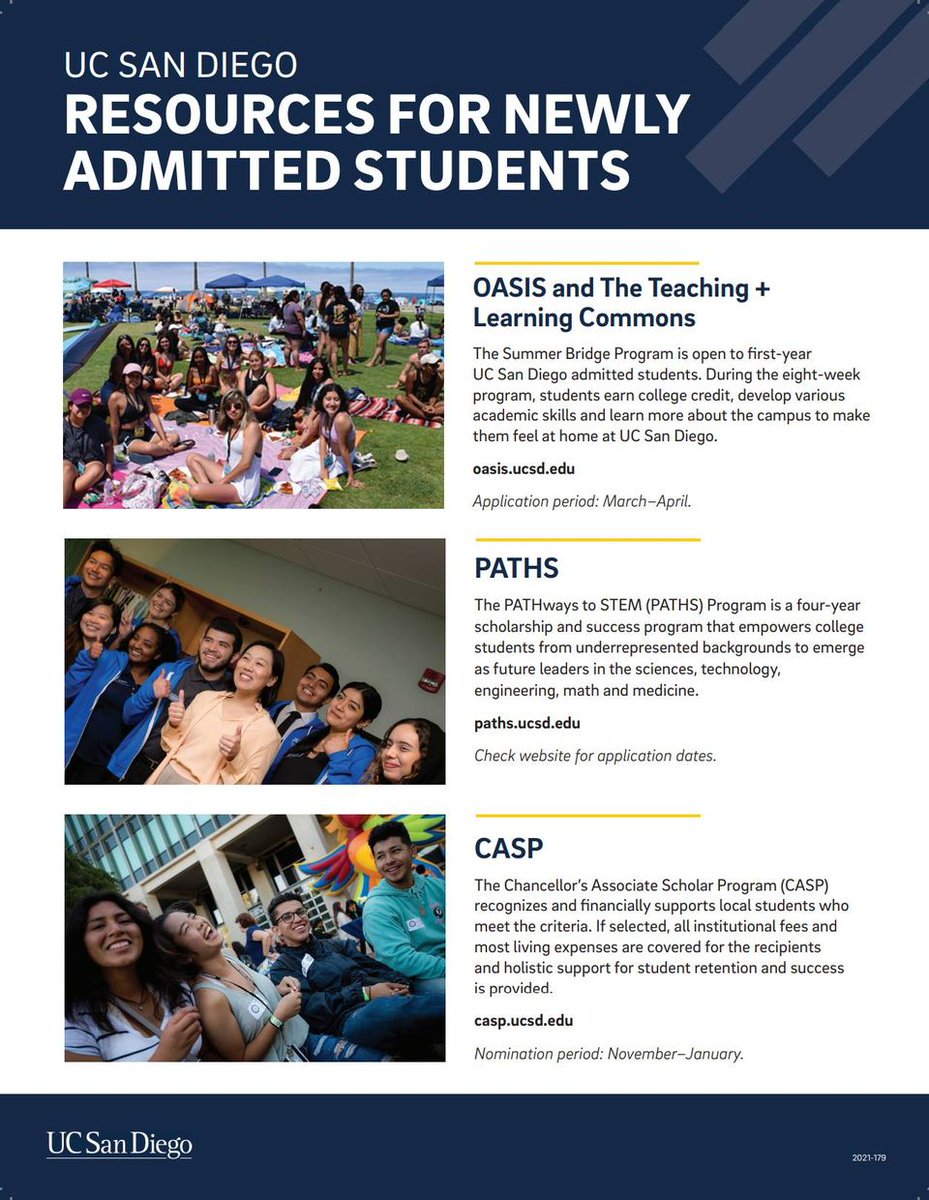 itsvasquez2u's tweet image. Resources for prospective and recently admitted @UCSanDiego students! Check out these great programs available for you and your loved ones. If you don't know, now you know! @PATHSUCSD @UCSDCASP @OasisUcsd @UCSDCREATE @UCSDAdmissions @UCSDExtension @UCSDJacobs