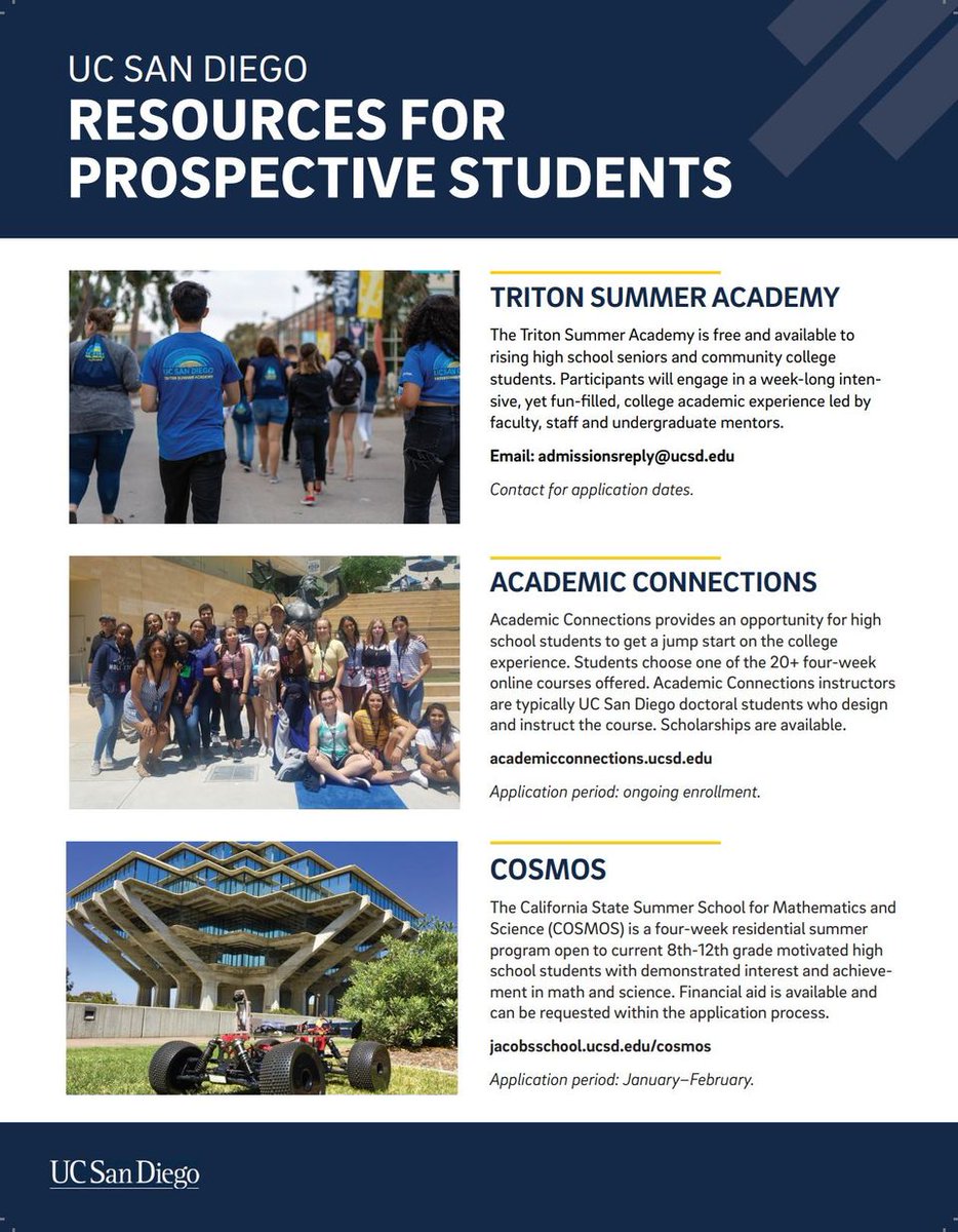 Resources for prospective and recently admitted @UCSanDiego students! Check out these great programs available for you and your loved ones. If you don't know, now you know! @PATHSUCSD @UCSDCASP @OasisUcsd @UCSDCREATE @UCSDAdmissions @UCSDExtension @UCSDJacobs