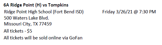 FBISDAthletics's tweet photo. Ridge Point Boys Soccer Playoff Information:
@RPHS_BoysSoccer https://t.co/K6ZLQogoKn