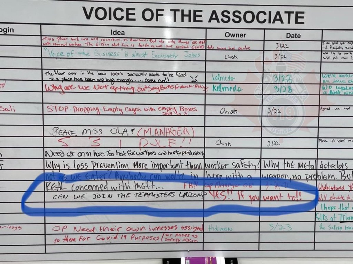 jasonsweet419's tweet photo. You ask a #Amazon employee what they want.... #Respect #SafeWorkplace #Money and a say in shifts.
“Amazon Associates Ideas”, Thank you #Local294 in #NewYork for standing strong ✊🏼 #Teamsters #TeamstersWarehouseDivision #TeamstersHorsePower https://t.co/0WRQiDvnyH