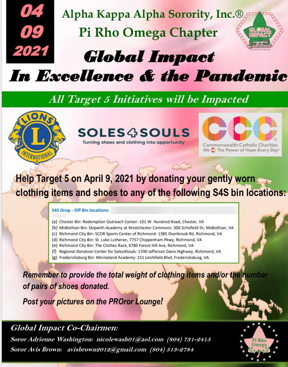 PiRhoOmegaAKA's tweet photo. Join Target V for Global Impact in Excellence & The Pandemic 2021. Please donate your gently worn clothes and shoes to an authorized Soles4Souls bin. #TargetV #AKA1908 #PROAKA #MidAtlanticAKA https://t.co/fjyrDwXpFg
