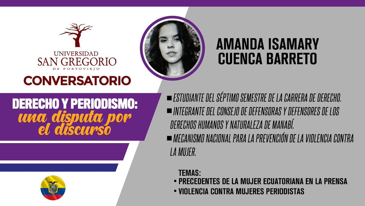derecho_carrera's tweet photo. #AHORA | Nuestra estudiante Srta. Amanda Cuenca,  nos presenta los temas: 
"Precedentes de la mujer ecuatoriana en la prensa y violencia contra mujeres periodistas”💼

Conoce un poco más de su perfil ⬇️ https://t.co/J1syLBIvuY