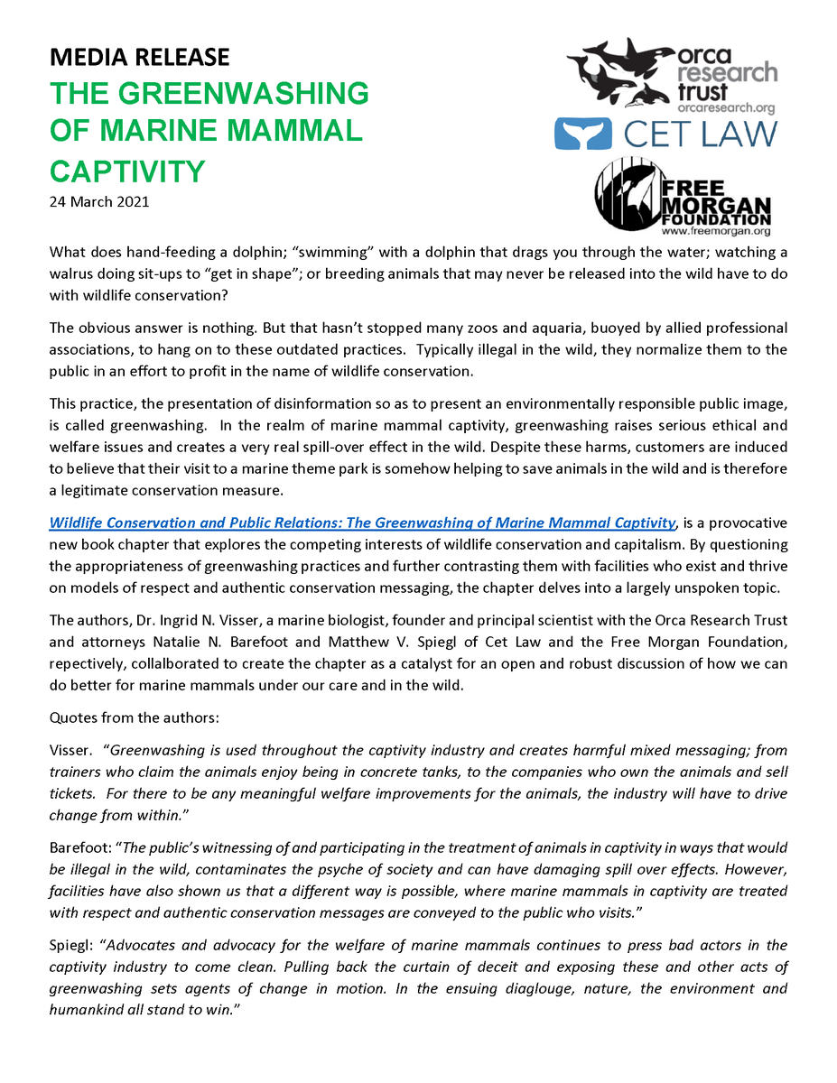 .<a href="/Voice_OT_Orcas/">Voice of the Orcas</a> PLEASE SHARE NEW <a href="/Free_Morgan/">Free Morgan</a> eBook chapter with my ever-brilliant co-authors <a href="/OrcaIngrid/">Dr Ingrid N. Visser (PhD)</a> <a href="/OrcaTrust/">Orca Research Trust</a> and <a href="/barefootnn/">natalie barefoot</a>
<a href="/cetaceanlaw/">Cetacean Law</a> "Wildlife Conservation and Public Relations: The Greenwashing of Marine Mammal Captivity" editoraartemis.com.br/artigo/31955/ 
See Chapter 5
