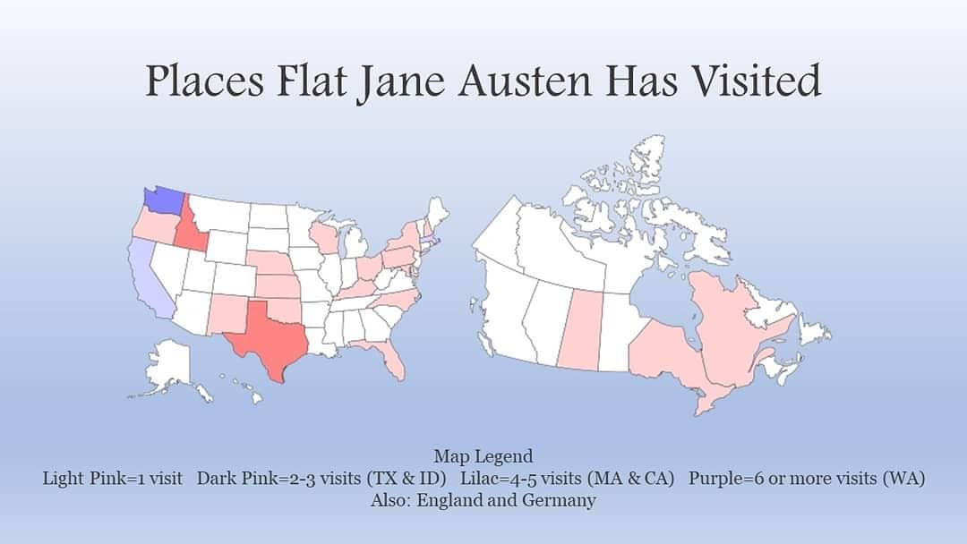 JASNA_EWANID's tweet photo. Our #FlatJaneAusten Project has been going since Aug. 2020. In that time, @FlatJaneAusten (FJA) has visited 40 places in 20 U.S. States, 3 Canadian provinces, Germany, &amp; England. She returned to @JaneAustenHouse over the holidays &amp; is staying in  @ChawtonHouse! #JaneAusten https://t.co/8Tm6xQxnll