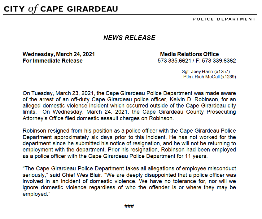 CapePolice's tweet photo. Kelvin D. Robinson resigned from his position as a patrolman with #CGPD approximately six days prior to his arrest. He has been charged with domestic assault-2nd degree. https://t.co/qWj0QyrwUG