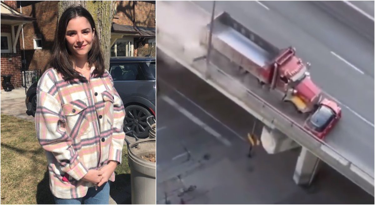CP24's tweet photo. ‘I thought I was gonna die’: Toronto nurse grateful to be alive after her tiny vehicle was plowed more than 500 metres by a truck on the Gardiner Expressway https://t.co/W6QTnRDbKg https://t.co/UCBzHKo9c5