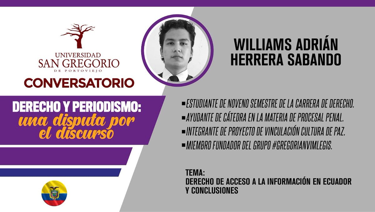derecho_carrera's tweet photo. #AHORA | Nuestro estudiante Williams Herrera, nos presenta el tema: 
"Derecho de acceso a la información en Ecuador y conclusiones”💼

Conoce un poco más de su perfil ⬇️ https://t.co/dd68OWJ2gX