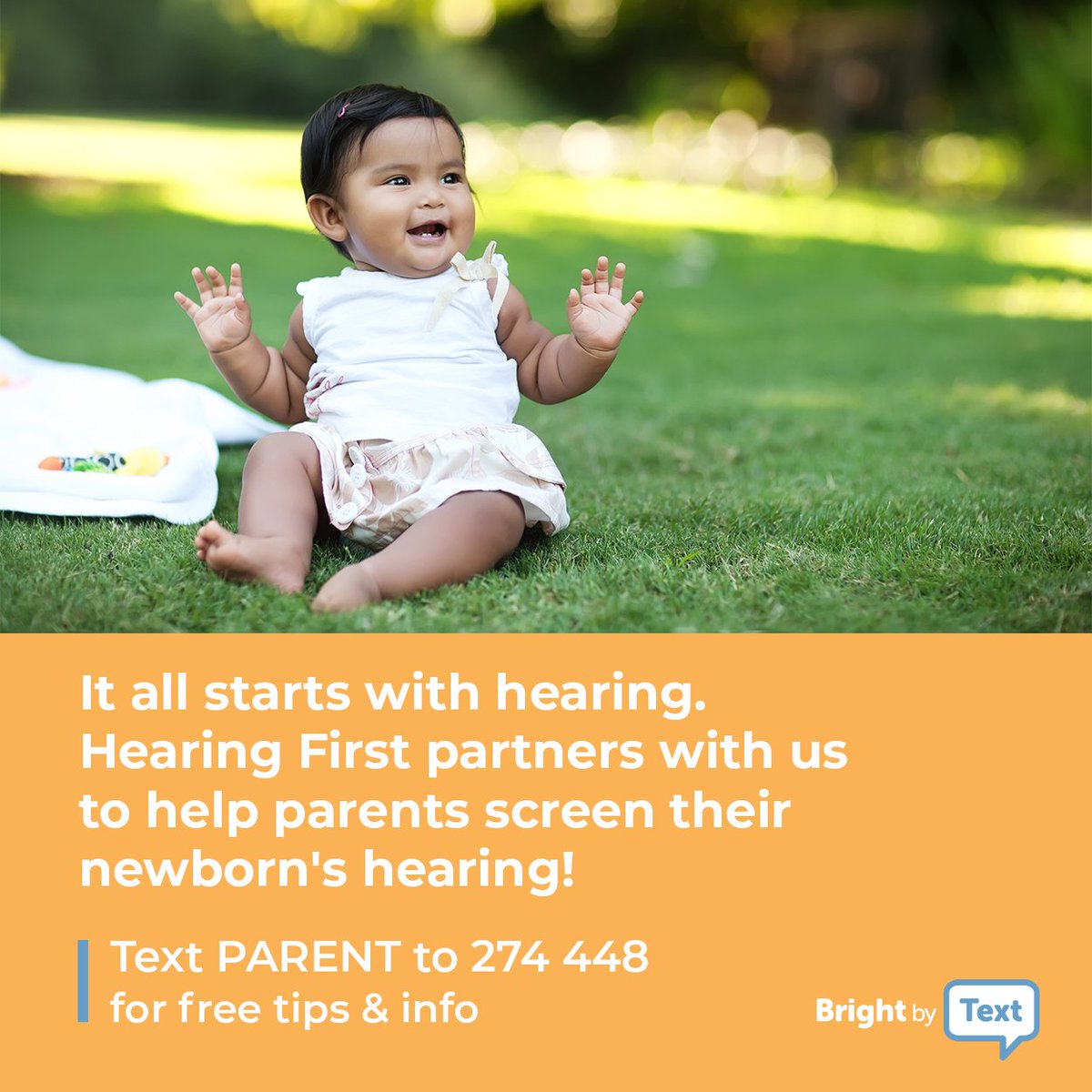 BrightbyText's tweet photo. Hearing is key to a baby's brain development. Hearing helps them learn, talk, and blast off to their full potential! We have partnered with Hearing First for your child's hearing screening. Learn more by clicking @HearingFirst .  
#brightbytext #textheretextnow #hearingfirst https://t.co/yEk7IhIRmL