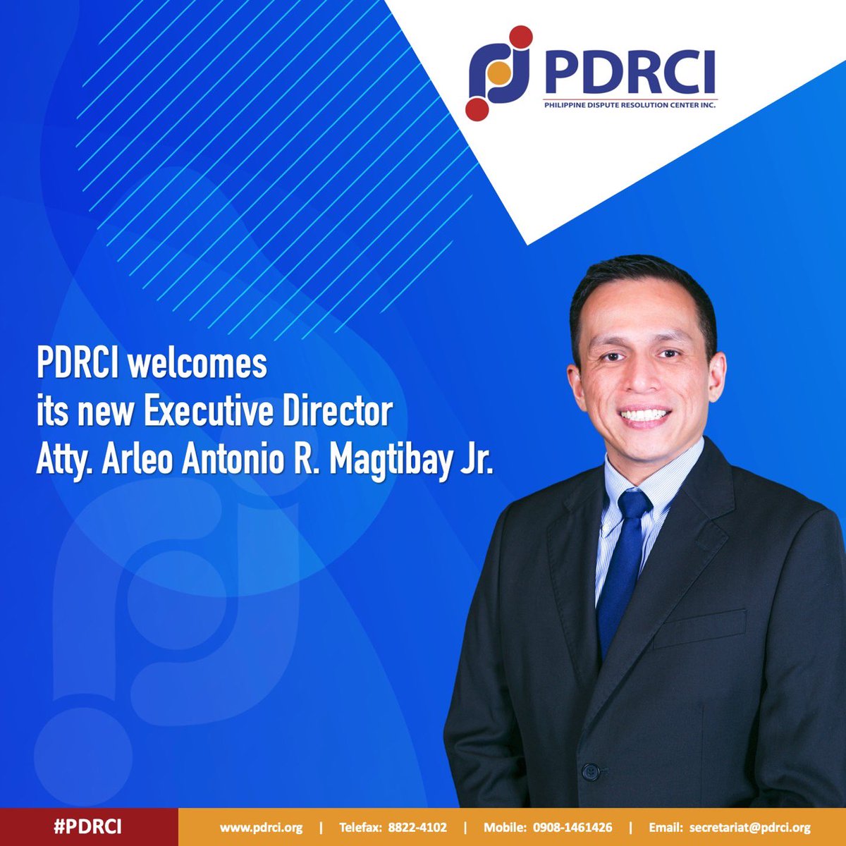 PDRC_org's tweet photo. A warm welcome to our new Executive Director, Atty. Arleo Magtibay Jr. (@magtibaylaw)!!👏 👏
We look forward to working with you and moving forward #PDRCI’s mission of helping businesses grow through effective avoidance and resolution of every dispute. https://t.co/l1OCwsSoRs