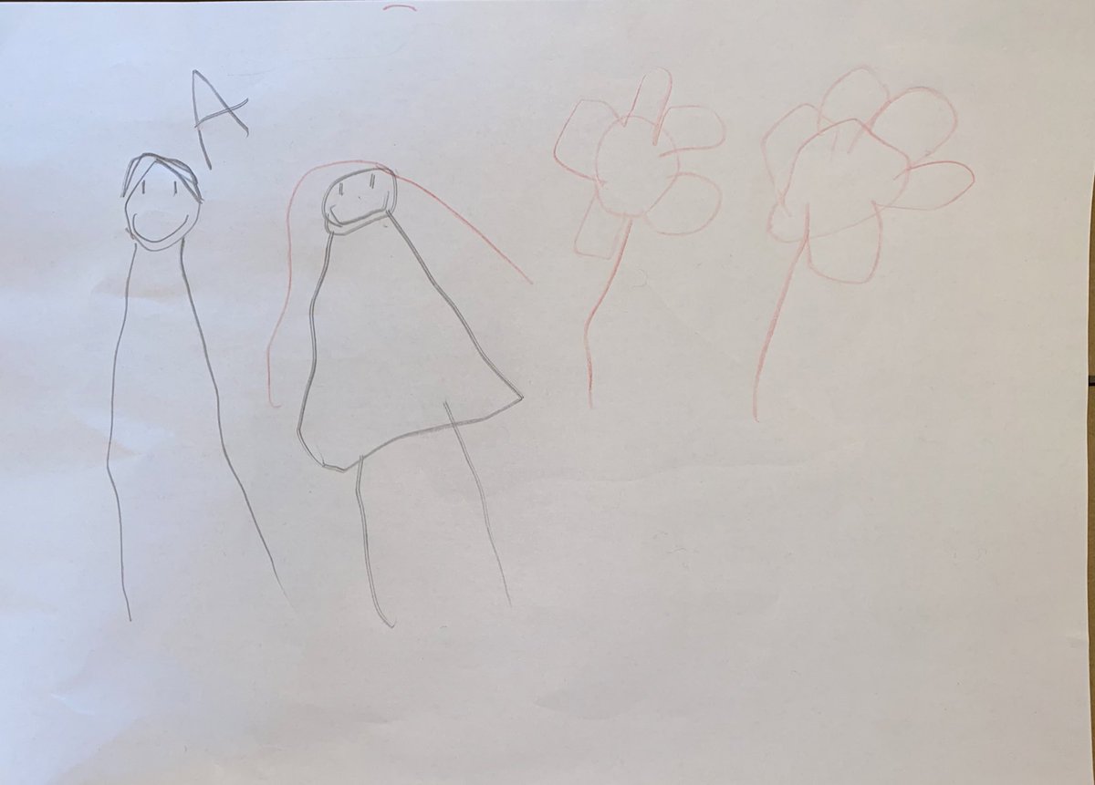 WhatsLeftOfK's tweet photo. “Daddy’s sister died today” was the start of a conversation about death and grief that I didn’t know if my 4y old was ready for.
But then she hugged him for a very long time and drew him a picture.
الله يرحمها رحمة واسعة و يغفر لها 
23.3.21, Dad &amp; Auntie: https://t.co/vaDhknHIOk