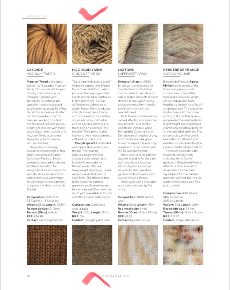 HooliganYarns's tweet photo. Delighted to have a super review of our Cindy &amp; Spice DK Corriedale yarn in issue 216 of @KnittingMag - thanks so much, folks! 😊🐑❤️🐑 #knowwhoyoureknitting https://t.co/dolbeUfroT
