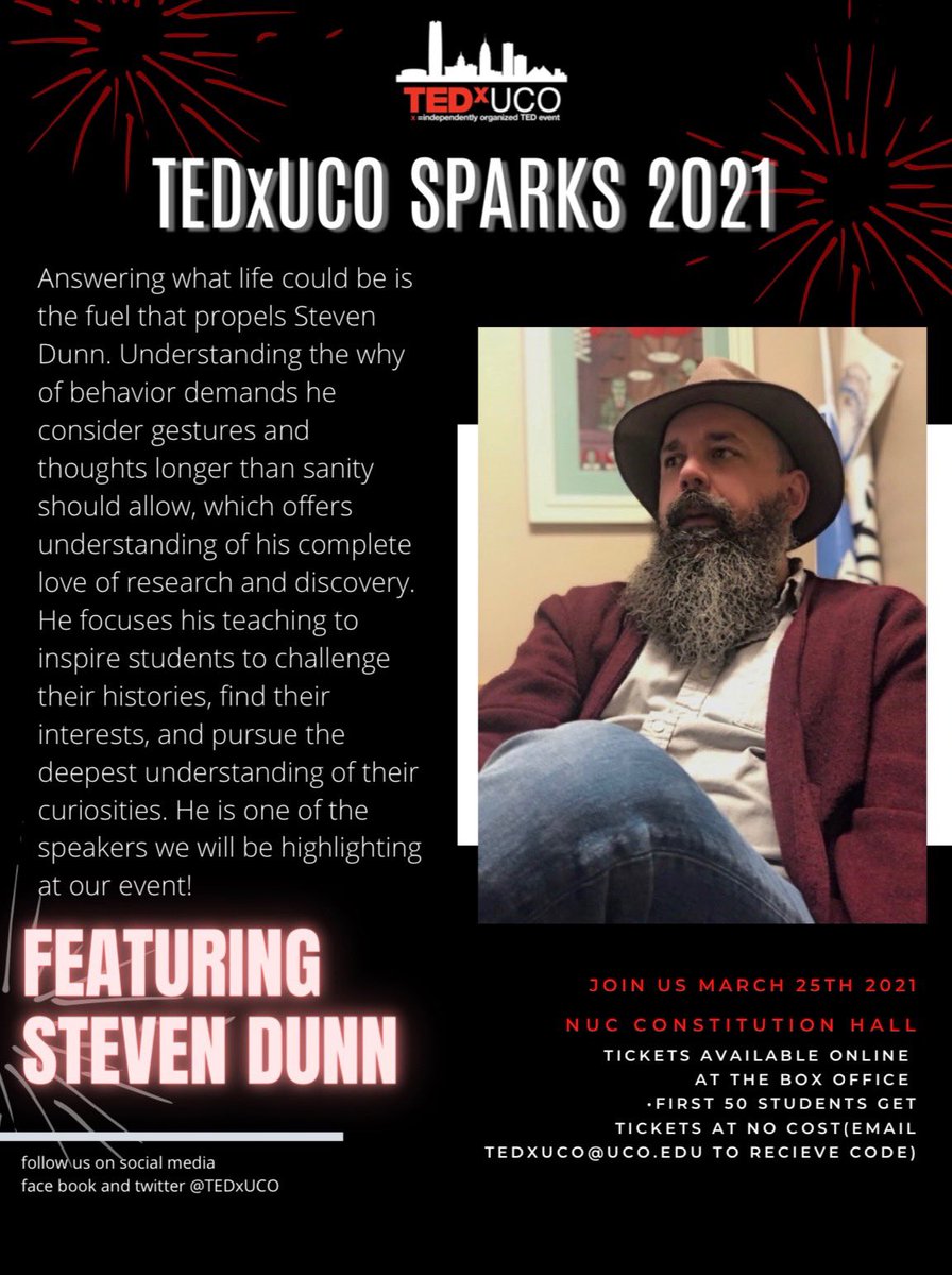 We are so excited for our TEDxUCO Sparks live speaker event TOMORROW. Buy tickets now linktr.ee/uco_leadership…
Open to anyone! Here are a few speakers we will be highlighting