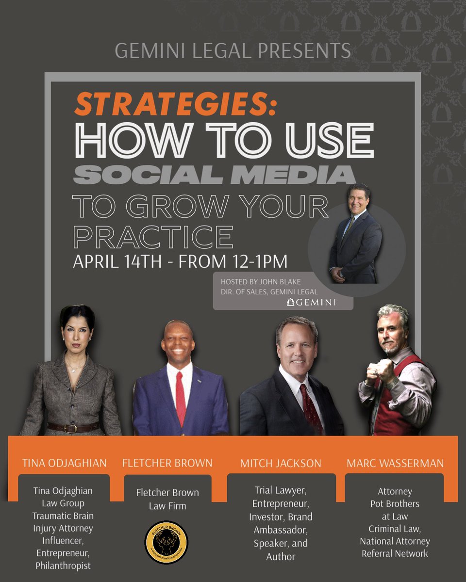 geminilegal's tweet photo. 🚨GEMINI LEGAL PRESENTS:
Strategies Using Social Media to Grow Your Practice🚨
When: Apr 14, 2021, 12:00 PM Pacific Time 

*Not eligible for MCLE credits

Register in advance for this webinar:
https://t.co/1TsJ9n4wTL

#workerscompensation #workcomp #workcompattorney https://t.co/U9fzcx0URV