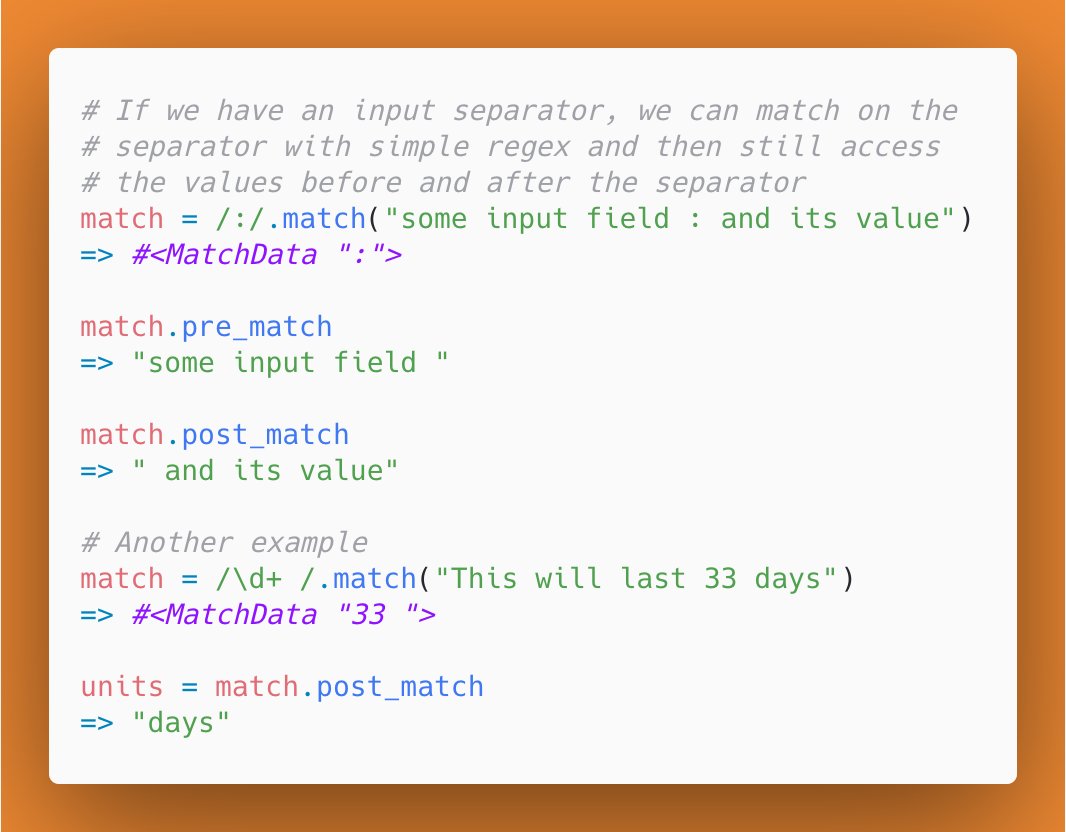 24/ 24th day: MatchData#pre_match and MatchData#post_match give us the portions of a string which are before or after a match. Some sample uses below!