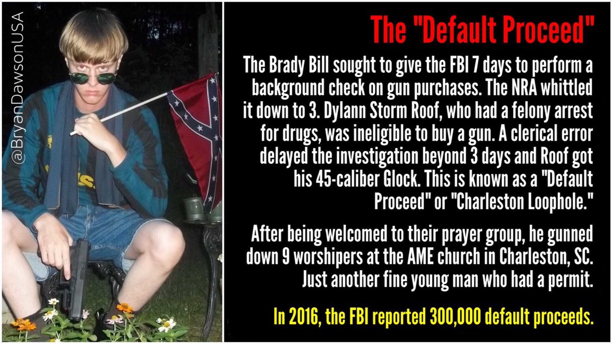 6) The National Instant Criminal Background Check System (NICS) is flawed. Data sharing is voluntary & little mental health data is included. If FBI doesn't complete check in 3 days, the sale is made. This  #CharlestonLoophole allowed Dylann Roof to get his gun and murder 9 people