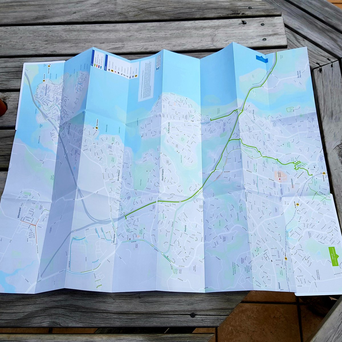 ZCARDNZ's tweet photo. The cycle network map zcard by @AklTransport is one of a series of maps that shows the Auckland Cycle Network. The conveniently sized Zcard unfolds into a large and detailed map showing the network of shared paths that bikers can safely ride through. https://t.co/2TQHPocSrH
