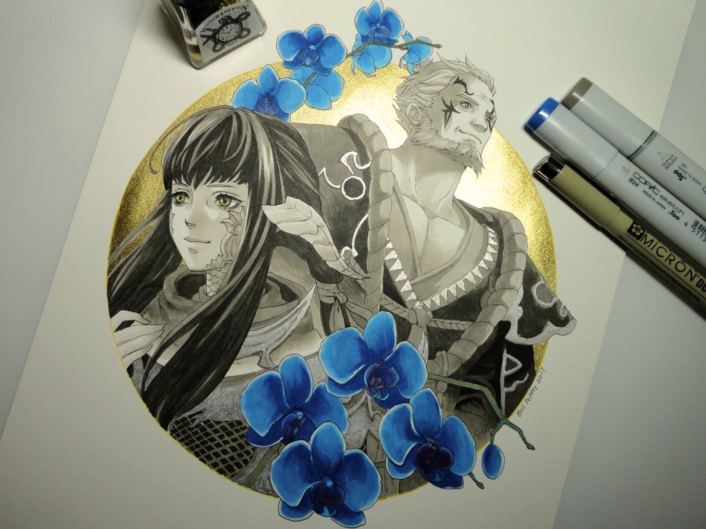 BellPepperArt's tweet photo. Somebody reposted one of my old Inktober arts on Reddit so I figured I should post it here too. 😅I love these two! Yugiri and Gosetsu!!!💖💖💖 #FFXIV #FF14 #Gosetsu #Yugiri #traditionalart #copic https://t.co/jK81eJb02X
