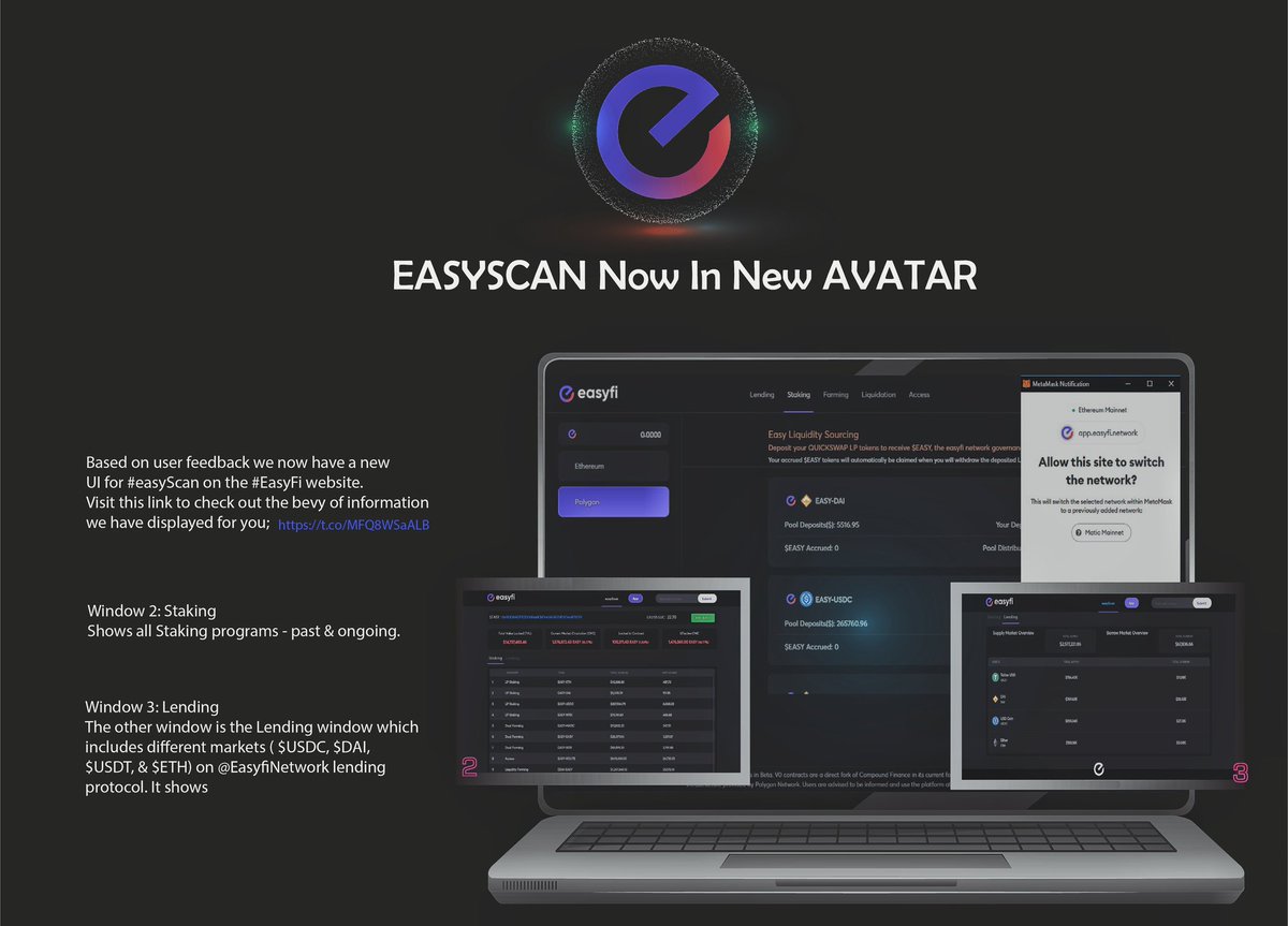 SplendolinT's tweet photo. #EasyFi just improved their platform's UI to ensure that users get the best of #DeFi experience.
Check out the #NewFeatureUpdate via the Inforgraph below📱
#DoMoreWithDeFi #GoEASY $EASY
#CTBot Adrop RAM 0.5 TRX 40 https://t.co/1HHvxZs0is