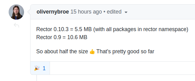 VotrubaT's tweet photo. I've just learned Rector 0.10 is just half the size than Rector 0.9 😲😲😲🤗

PSR-4 refactoring to single namespace bears fruits https://t.co/ksITxFI3F9