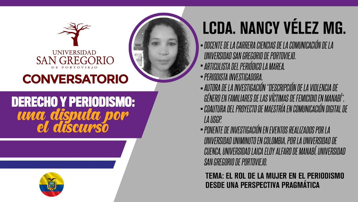 derecho_carrera's tweet photo. #AHORA | La Lcda. Nancy Vélez Mgs.,  nos presenta el tema "El rol de la mujer en el periodismo desde una perspectiva pragmática”💼

Conoce un poco más de su perfil ⬇️ https://t.co/yOJVRrwmDF