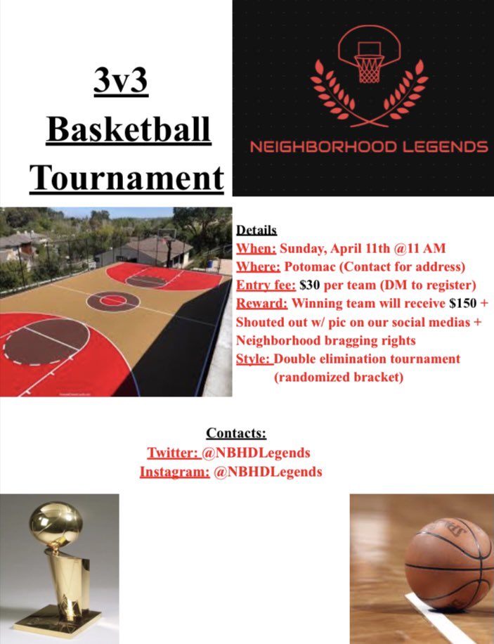 NBHDLegends's tweet photo. 3V3 Who will take the throne? 👑MARK YOUR GODDAMN CALENDARS! The first City we’ll tap in is Potomac on April 11th @11Am. Dm To reserve a spot for your team! https://t.co/ADnXJSkBJ5