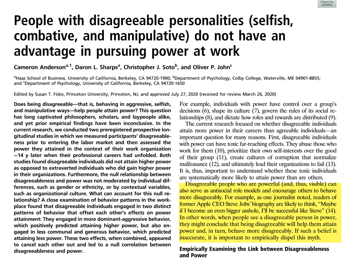 For once, a cool research paper that validates your hopes, rather than your fears: a 14-year study finds that selfish, combative, and manipulative people don't actually get ahead. While their assertiveness helps, their lack of generosity undermines them! pnas.org/content/pnas/1…