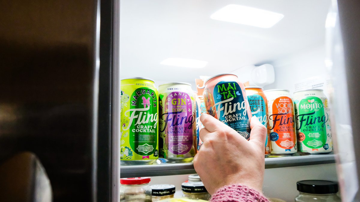 csbev's tweet photo. Flingin' through the weekend with all the canned cocktails! We've got shelves loaded down #MO & #KS side with @Boulevard_Beer Fling Craft Cocktails, find yours and #HaveAFling Kansas City https://t.co/79FABKUYNH