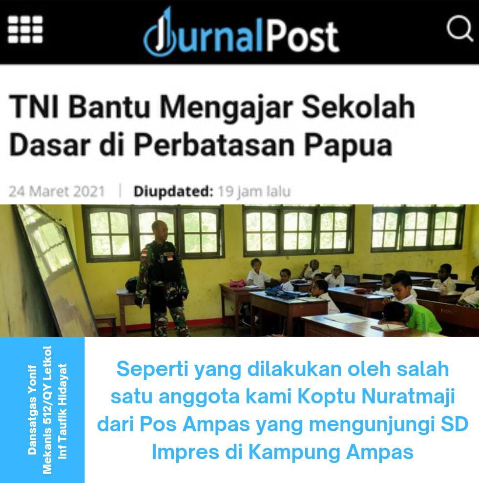 Salah satu anggota TNI dari Pos Ampas yang mengunjungi SD Impres di kampung Ampas, Papua

TNI bantu mengajar Sekolah Dasar di perbatasan Papua

#1000BintaraOtsusPapua