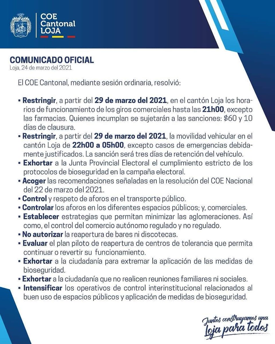 InformativaLoja's tweet photo. #Resoluciones | El COE Cantonal presentó las resoluciones tomadas que entrarán en vigencia desde el 29 de marzo de 2021 en Loja.
https://t.co/5t7lAOStVL https://t.co/sDtKveUku4