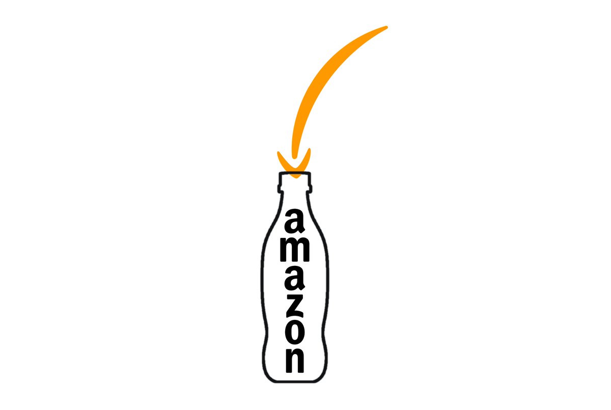 amazon logo with text centered vertically inside a soda bottle shape, some kind of yellow stream arcing toward the bottle as if to fill it