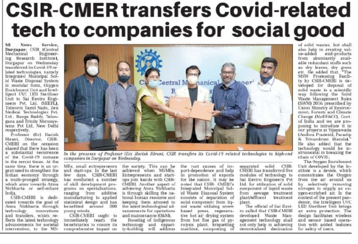 Media coverage of @CSIR_CMERI's transfer of #COVID19 related #technologies 👇
#AtmaNirbharBharat 
#MakeInIndia 
#PandemicCombat
