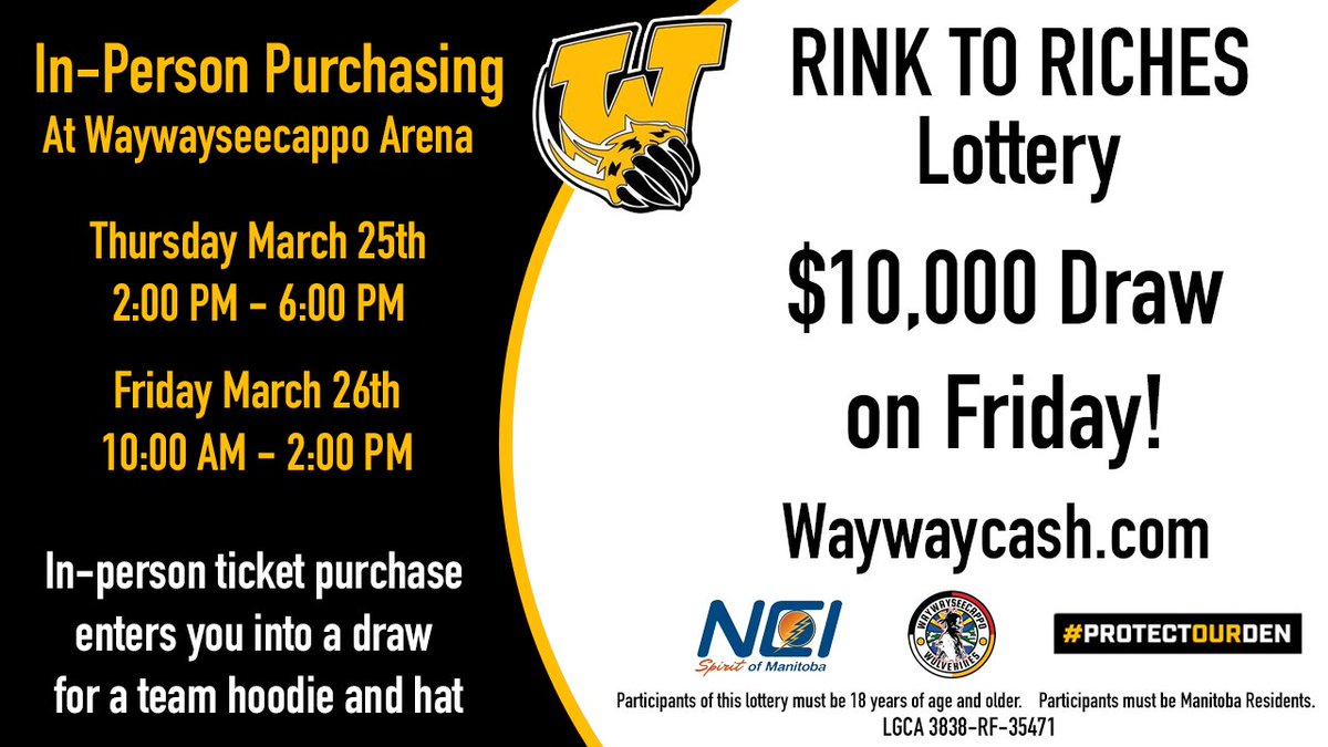 mjhlWolverines's tweet photo. For the next two days, you can purchase you Rink to Riches lottery tickets in person!

Head down to the Waywayseecappo Arena today from 2 PM to 6 PM or tomorrow from 10 AM to 2 PM.

Buying tickets in-person will get you entered into a draw for a team sweater and hat! https://t.co/zDcqTyK2vu