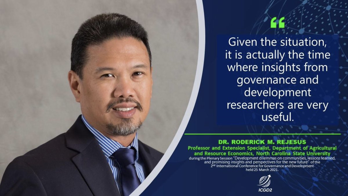 uplbcpaf's tweet image. "Given the situation, it is actually the time where insights from governance and development researchers are very useful."
-Dr. Roderick M. Rejesus

#ICGD2
#CPAf
#CPAfICGD
#UPLB
#NewFuture
#Governance
#Communities
#PostPandemic
#InnovatingGovernance