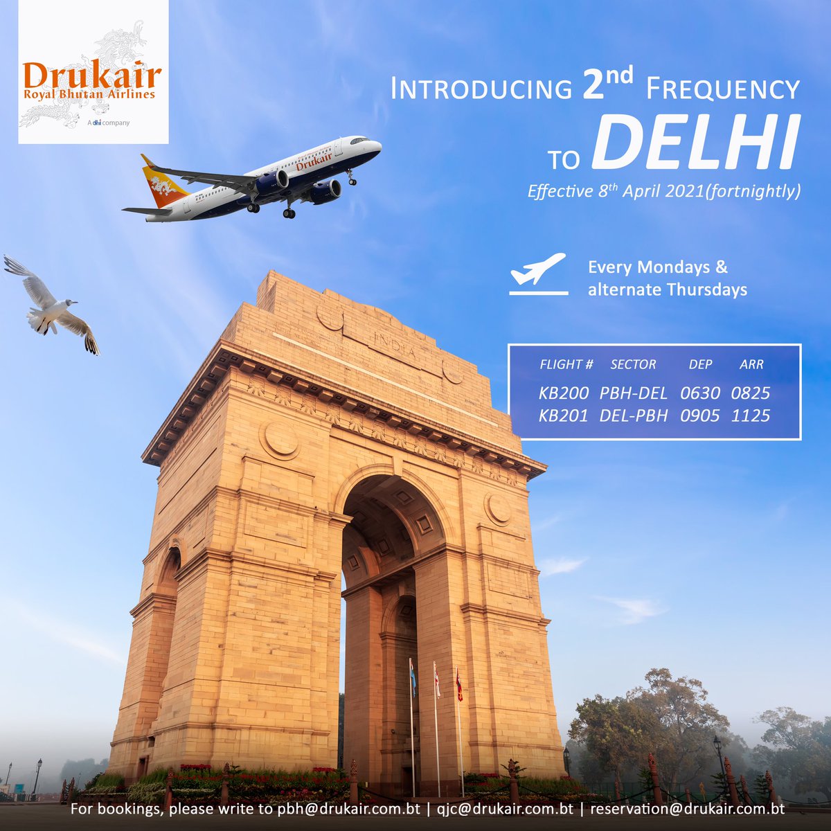 Drukair's tweet photo. Drukair, Royal Bhutan Airlines is pleased to announce the introduction of second frequency to DELHI effective 8th April 2021, fortnightly.
For bookings, kindly write to pbh@drukair.com.bt | qjc@drukair.com.bt | reservation@drukair.com.bt
#bubbleflights #flywithkb https://t.co/xBJdFTjj9P