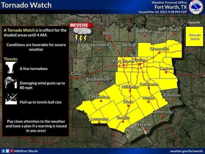 HasletFire28's tweet photo. Tornado watch for Tarrant County until 4am. https://t.co/SL5HiikHh9