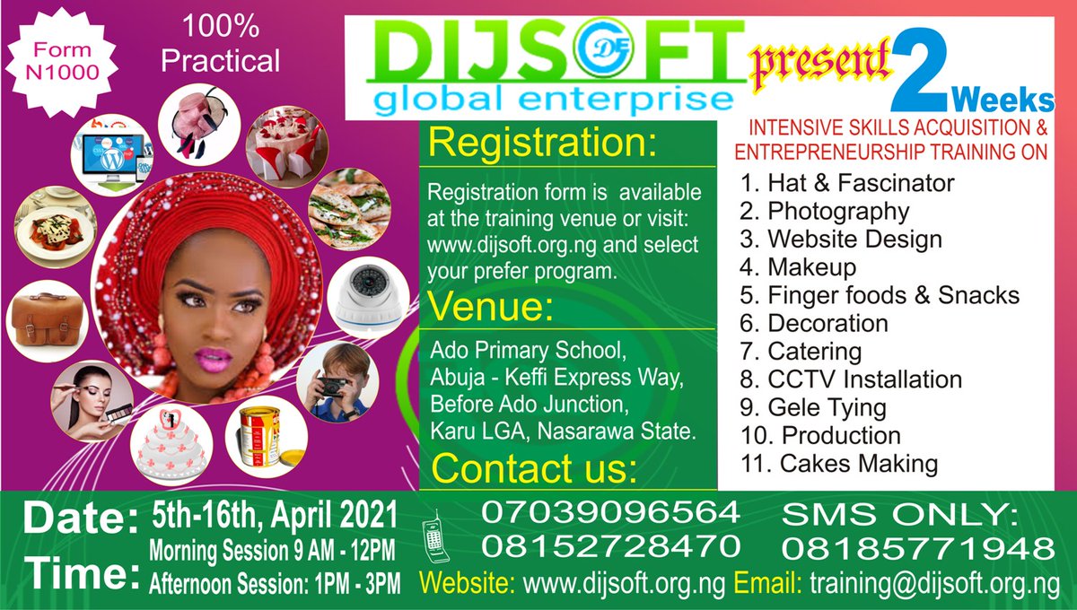 dijsoft's tweet image. PRACTICAL FEE (We provide all the material for practical)
CCTV: Practical Fee ₦13,000 includes material, free working tools &amp;amp; Certificate.
For full detail on each package and REGISTRATION visit dijsoft.org.ng or visit the training venue to pick up a FORM.
HURRY NOW!!!