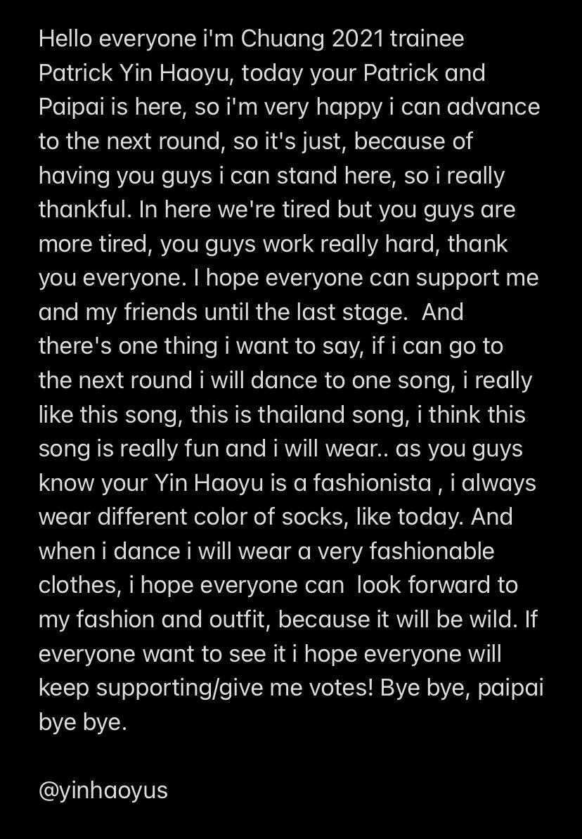 [TRANS] 
ps. translate may have inaccuracies.

#แพทริค #Patrick #尹浩宇 
#Chuang2021  #创造营2021