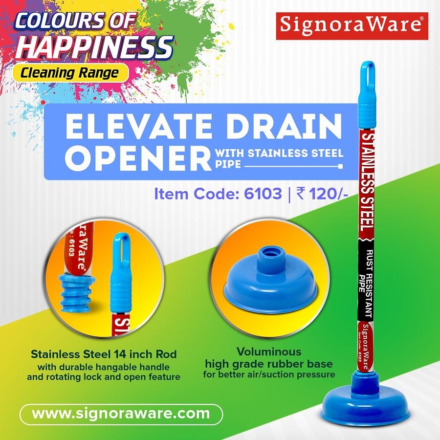 SignoraWare's tweet image. Colours of Happiness Cleaning range
Elevate Drain Opener with Stainless Steel Pipe

• Stainless steel 14 inch pipe
• High grade rubber base

#signoraware #coloursofhappiness #drainopener #drain #housecleaning #hygiene #makeinindia #vocalforlocal