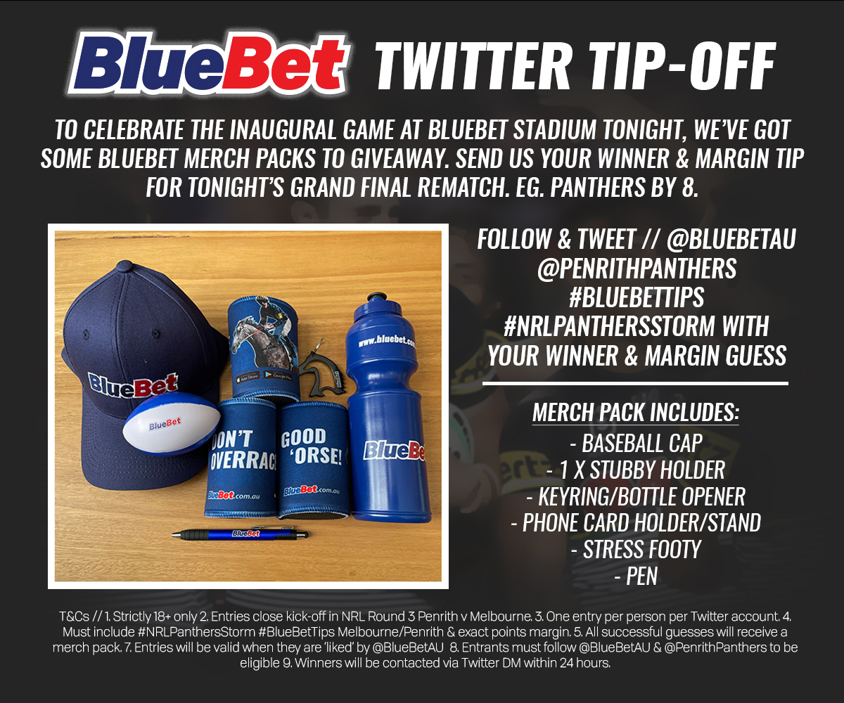 betr_au's tweet photo. π To celebrate the first ever game at BlueBet Stadium π΅π tonight, we're running a tip-off with BlueBet merch up for grabs.
Tweet us with the winner & margin in #NRLPanthersStorm. Include #BlueBetTips @BlueBetAU @PenrithPanthers in your tweet. FREE to enter; strictly 18+ https://t.co/CLr9jeEOKm