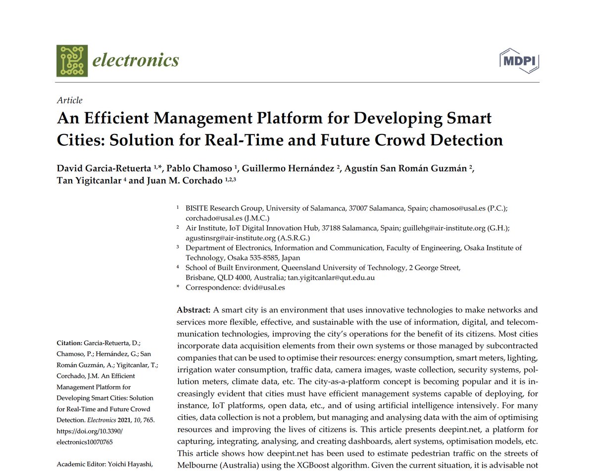 yigitcanlar's tweet photo. Our (w/ Garcia-Retuerta, Chamoso, Hernández, Guzmán,
@corchadojm) new article investigates #SmartCity real-time and future #CrowdDetection solutions in the case of #Melbourne with https://t.co/RuMUqMVXAU platform.

Open access from: https://t.co/GRXEtVxs4U

@UrbanStudiesLa1 @QUT https://t.co/KgZlB6o0vd