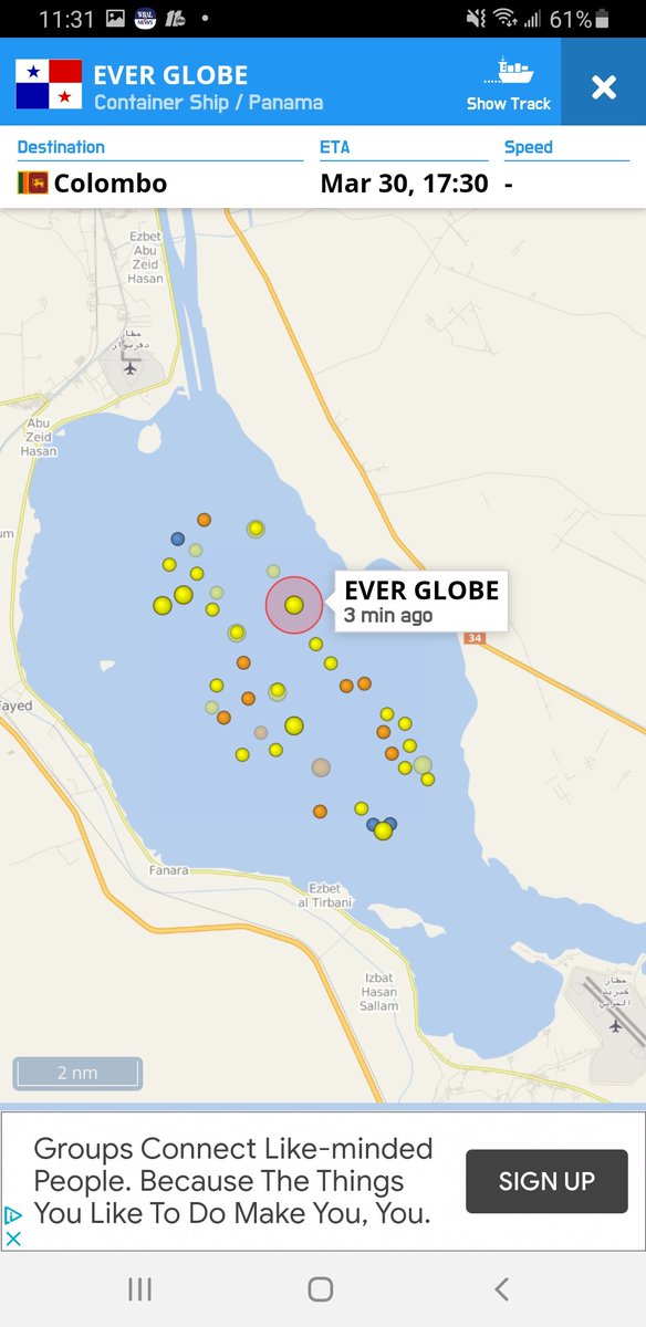 mercoglianos's tweet photo. On the wind issue, it should be noted that #EVERGIVEN sistership #EVERGLOBE was able to transit the canal southbound and is anchored in the Great Bitter Lake - stuck. https://t.co/F8HEoVlhW6