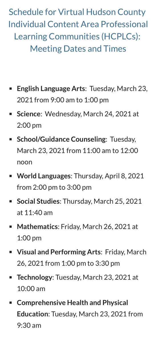 HudsonCountyPLC's tweet photo. Schedule of Virtual HC Content Area PLC Meetings for the week of March 22 - 26. 

@HudsonCoNJDOE @MonicaToneDOEHC @NewJerseyDOE #plc #njed https://t.co/0OIKxVPUAV