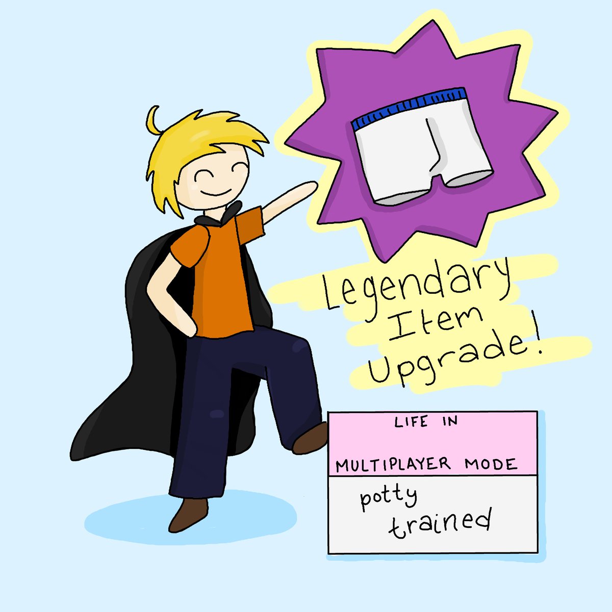 multiplayerlife's tweet photo. Remember that feeling when you upgraded from Mail to Plate armor? Diapers to Undies is even better! 👊
#webcomic #webcomicseries #comicstrip #pottytraining #armorupgrade https://t.co/WQmaUA8CDl