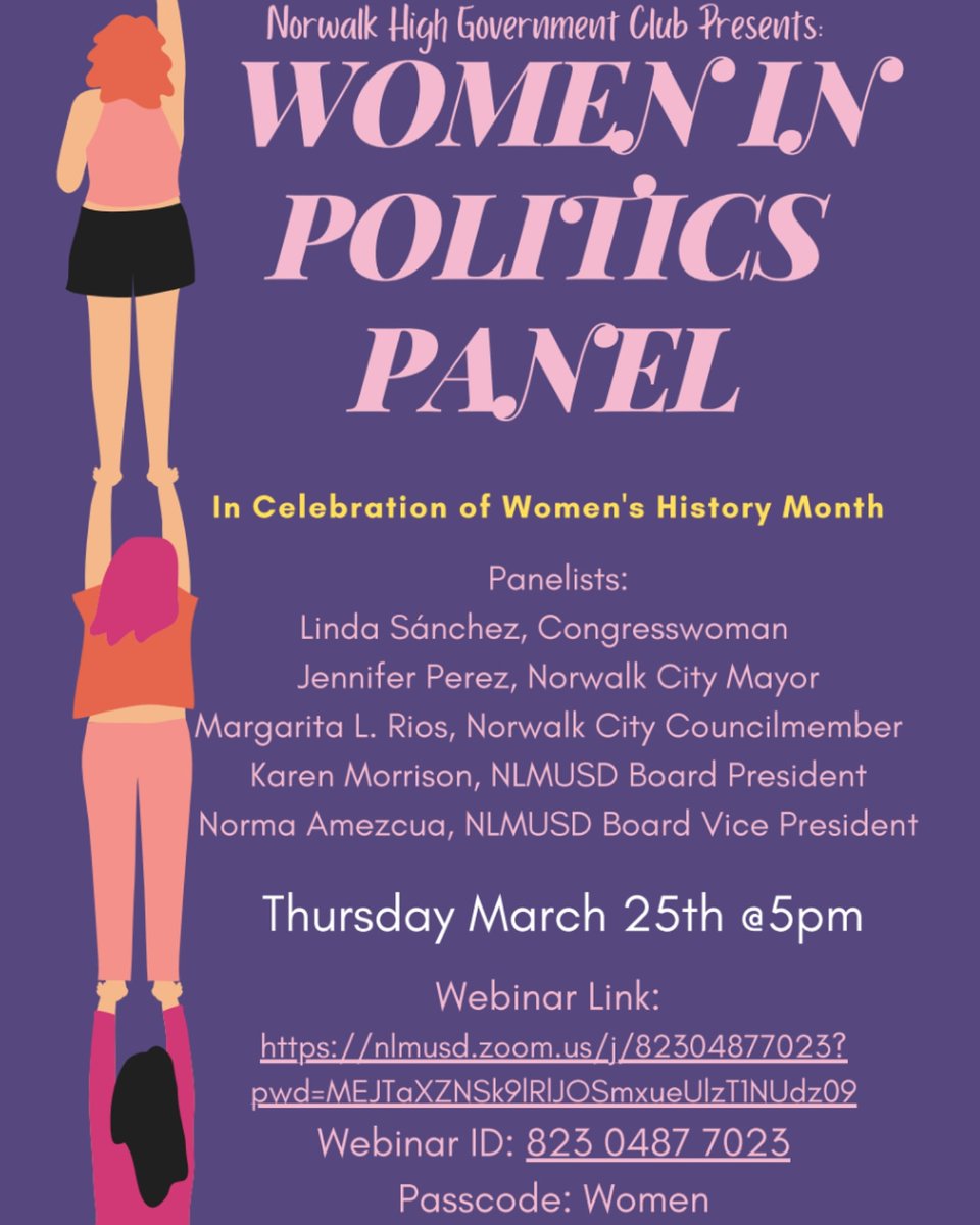 ClubGovernment's tweet photo. In celebration of women's history month we are hosting a Women in Politics Panel @5pm we have fantastic public servants speaking like, @RepLindaSanchez,@HonMRios , @CityofNorwalkCA Mayor Jennifer Perez,@nlmusd Board President and Vice President Karen Morrison and Norma Amezcua. https://t.co/rkTaOhIShi